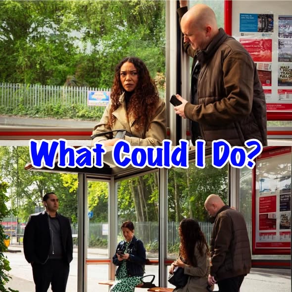 Group of people at a bus stop with words 'What Could I Do?' superimposed over the top.